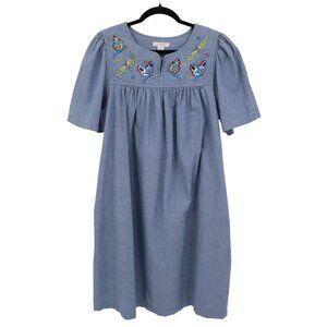 Go Softly Embroidered Denim Dress Womens M Blue Cottage Boho Grannycore Vintage‎